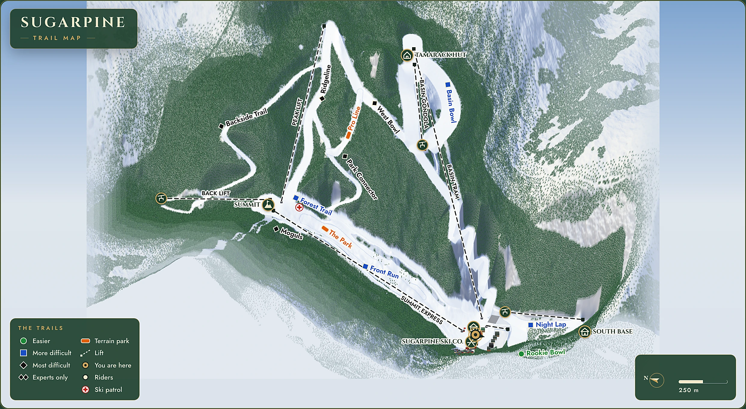 Sugarpine trail map showing the village, the front face, the peak, the Basin and the South Basin, with every open run and lift labelled