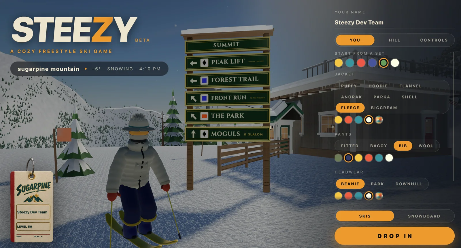 The STEEZY character screen: a skier in a white fleece, navy bib pants and a beanie beside a trail sign, with jacket, pants, headwear and colour choices on the right